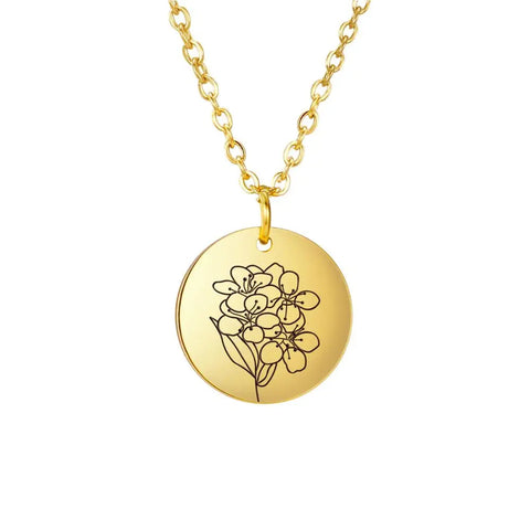 Stainless Steel Birth Month Flower Necklace Custom Name round Pendant Necklace for Women Special Christmas Jewelry Gift