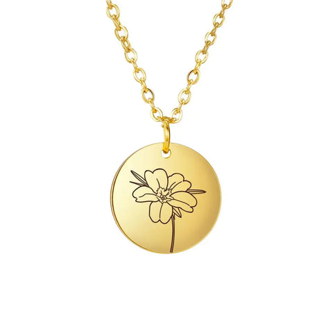 Stainless Steel Birth Month Flower Necklace Custom Name round Pendant Necklace for Women Special Christmas Jewelry Gift