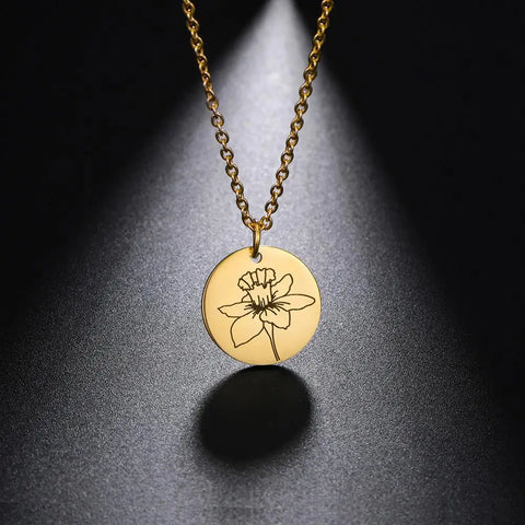 Stainless Steel Birth Month Flower Necklace Custom Name round Pendant Necklace for Women Special Christmas Jewelry Gift