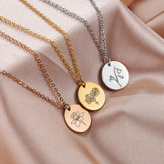Stainless Steel Birth Month Flower Necklace Custom Name round Pendant Necklace for Women Special Christmas Jewelry Gift