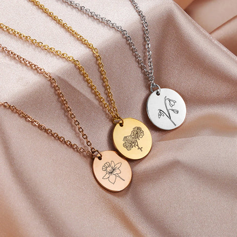 Stainless Steel Birth Month Flower Necklace Custom Name round Pendant Necklace for Women Special Christmas Jewelry Gift