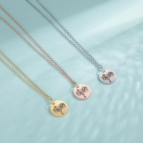 Stainless Steel Birth Month Flower Necklace Custom Name round Pendant Necklace for Women Special Christmas Jewelry Gift