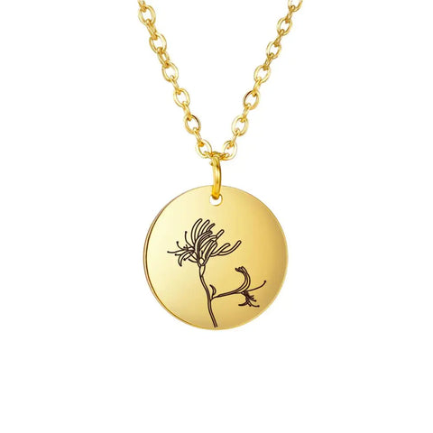Stainless Steel Birth Month Flower Necklace Custom Name round Pendant Necklace for Women Special Christmas Jewelry Gift