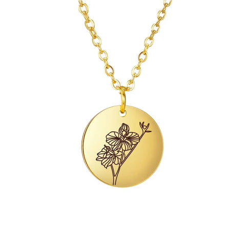 Stainless Steel Birth Month Flower Necklace Custom Name round Pendant Necklace for Women Special Christmas Jewelry Gift