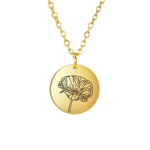 Stainless Steel Birth Month Flower Necklace Custom Name round Pendant Necklace for Women Special Christmas Jewelry Gift