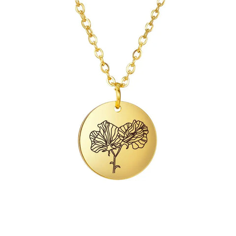 Stainless Steel Birth Month Flower Necklace Custom Name round Pendant Necklace for Women Special Christmas Jewelry Gift