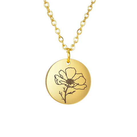 Stainless Steel Birth Month Flower Necklace Custom Name round Pendant Necklace for Women Special Christmas Jewelry Gift