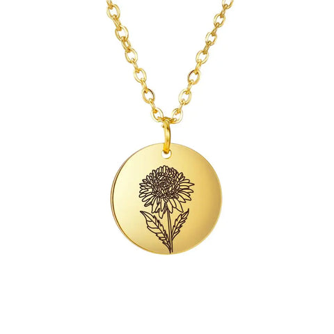 Stainless Steel Birth Month Flower Necklace Custom Name round Pendant Necklace for Women Special Christmas Jewelry Gift
