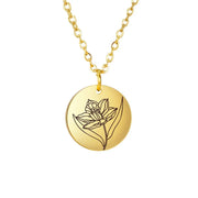 Stainless Steel Birth Month Flower Necklace Custom Name round Pendant Necklace for Women Special Christmas Jewelry Gift