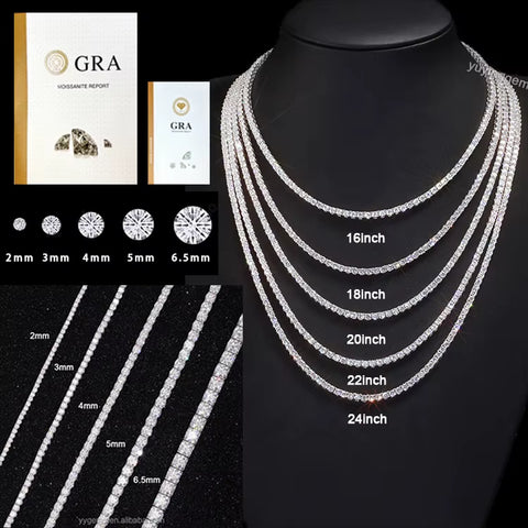 Ready to Ship 2Mm-5Mm Pass Diamond Test S925 Sterling Silver Women Men Hiphop Diamond Necklace GRA Moissanite Tennis Chain