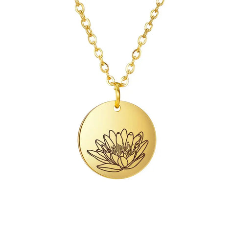 Stainless Steel Birth Month Flower Necklace Custom Name round Pendant Necklace for Women Special Christmas Jewelry Gift
